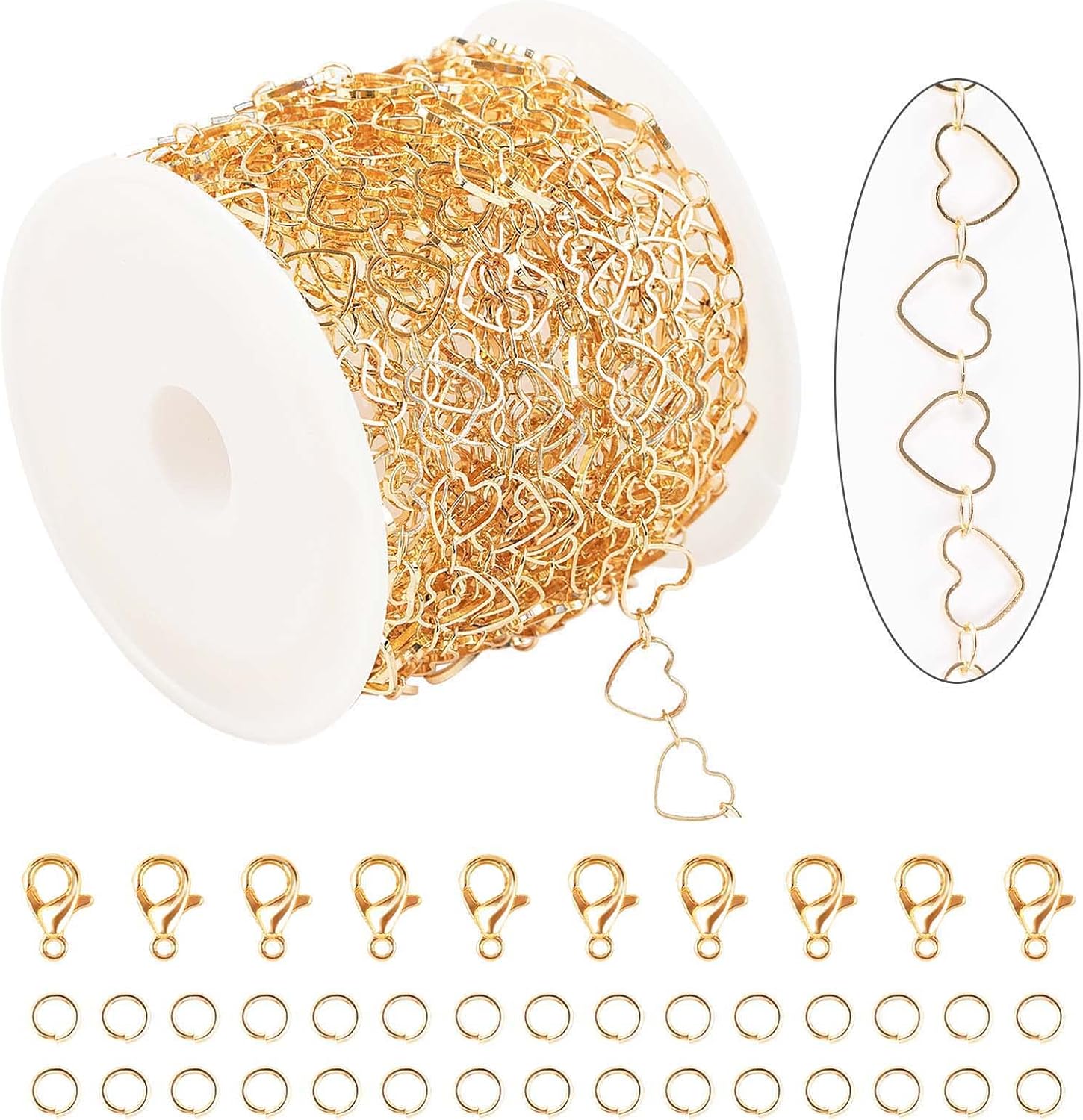 KYUNHOO Cadena de fabricación de joyas chapada en oro KC de 5M Cadenas de corazón de latón macizo a granel en carrete, pulsera, collar, suministros