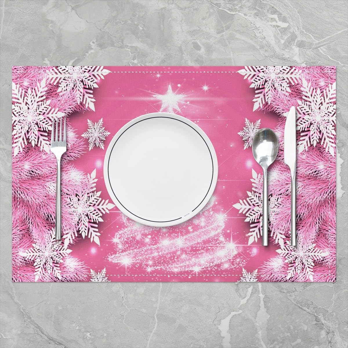 Juego de 4 manteles individuales con diseño de árbol de Navidad, diseño de copo de nieve rosa, para mujer, con purpurina, decoración de mesa de