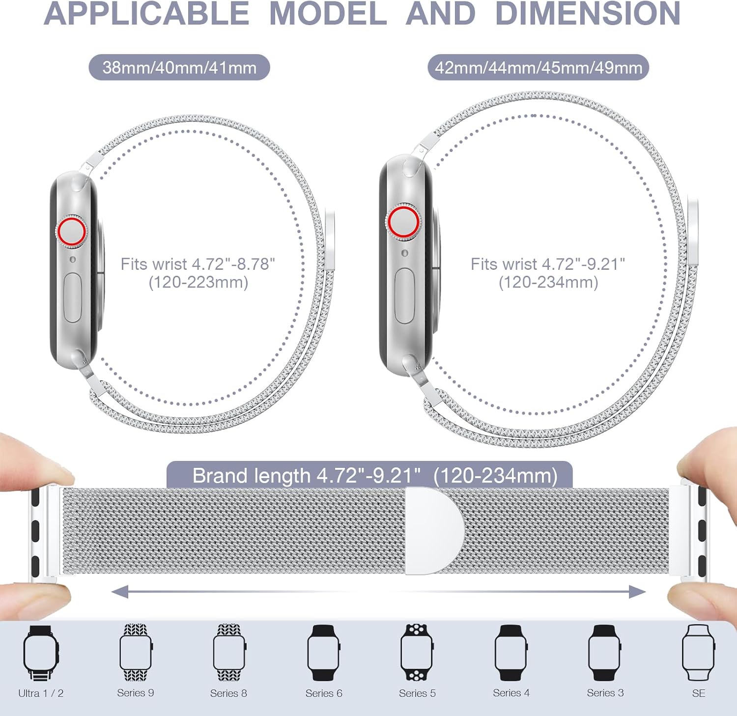 BELONGME Paquete de 3 correas de malla compatibles con Apple Watch de 1.496 pulgadas, 1.575 pulgadas, 1.614 pulgadas, 1.654 pulgadas, 1.732