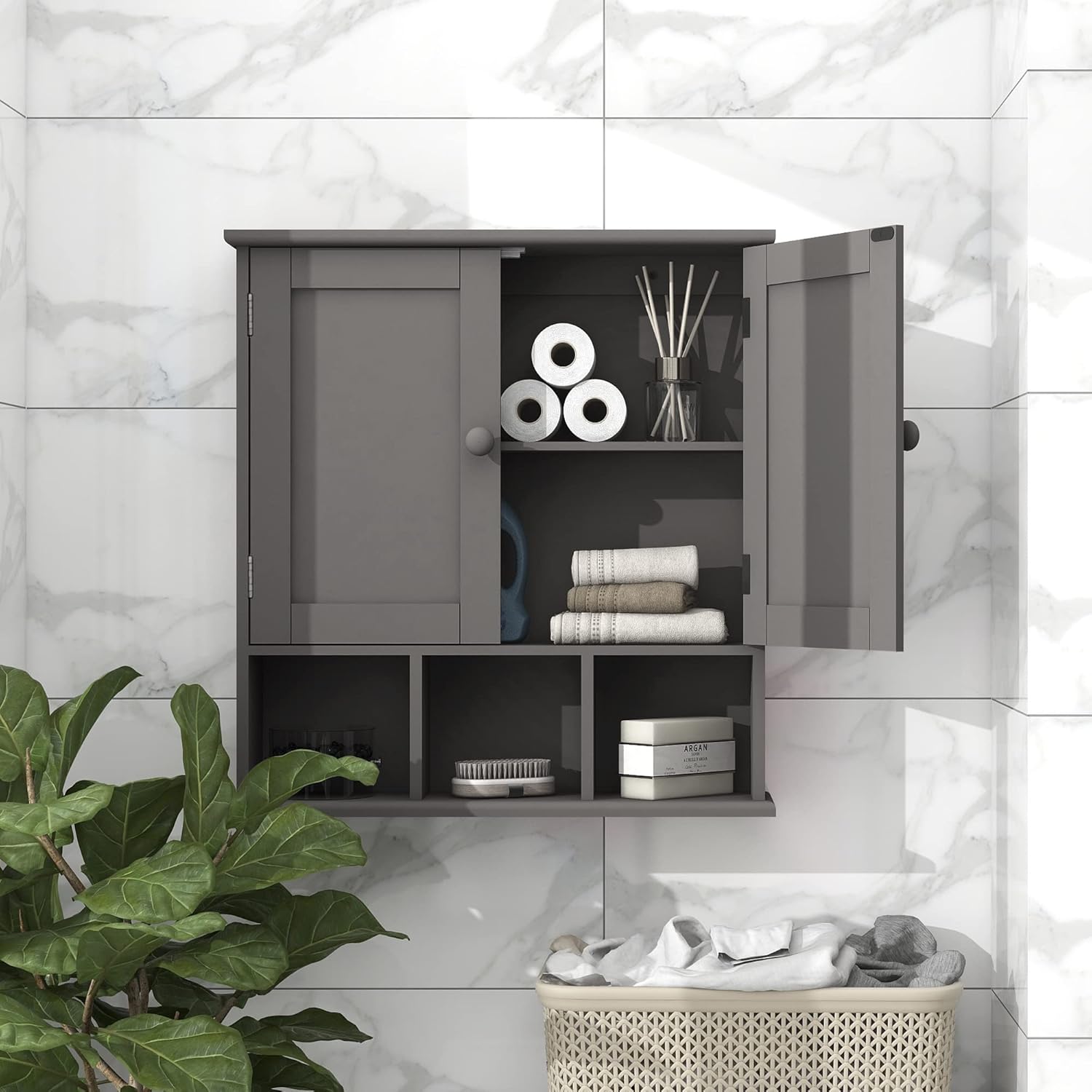 TaoHFE Armario de baño gris, gabinete de pared de baño con estantes ajustables de 2 puertas, armario de almacenamiento sobre el inodoro, armario de