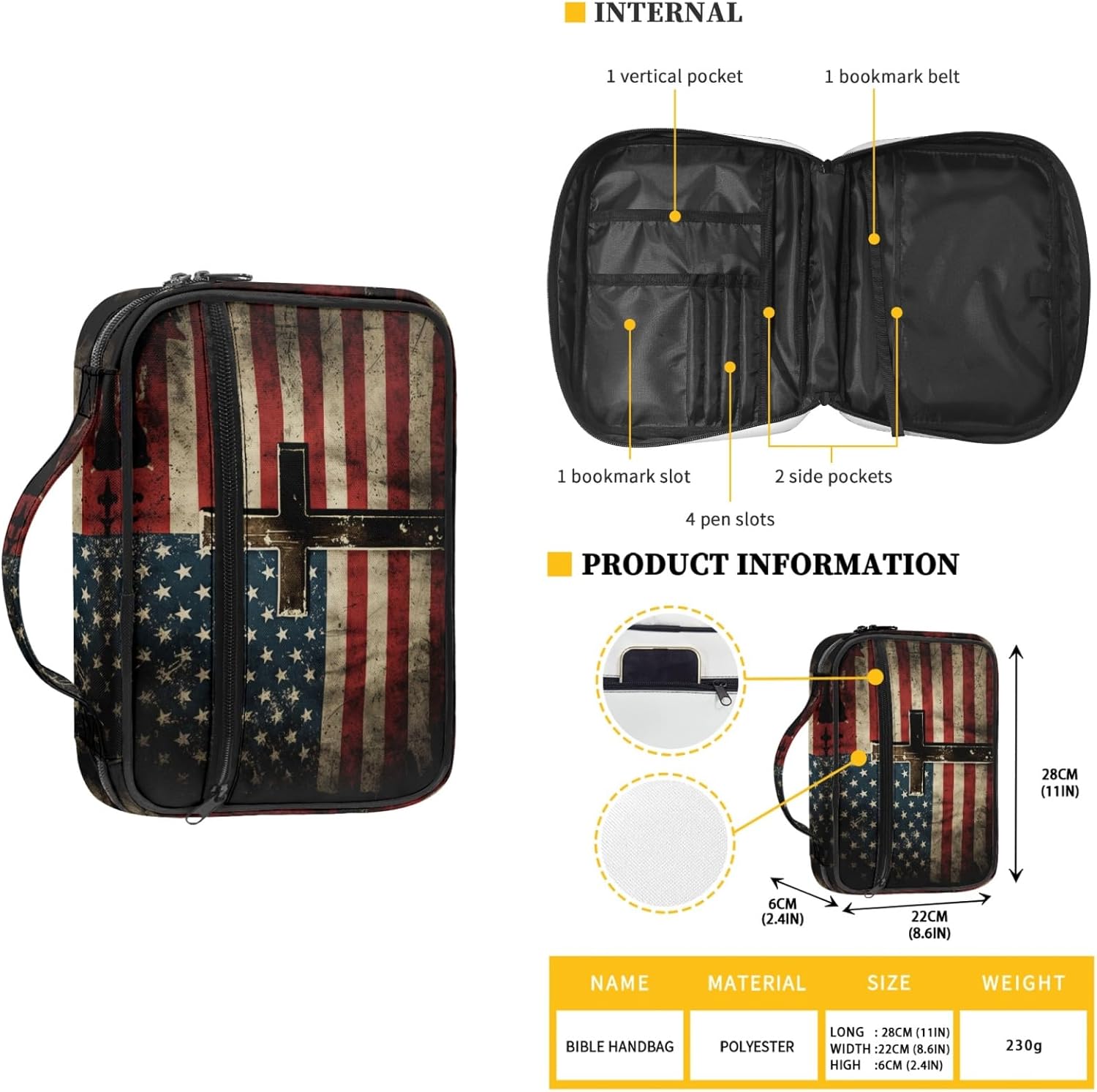 GELEGLAER Funda de cuero para Biblia con diseño de bandera de Estados Unidos con almacenamiento para bolígrafo, organizador de papelería de