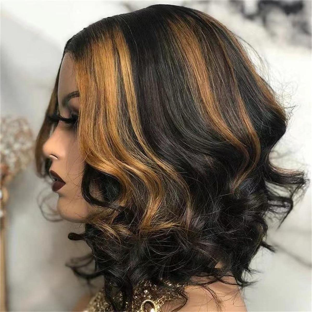 Peluca corta de encaje frontal, pelucas sintéticas Bob onduladas negrorubio, línea de cabello natural, 160% de densidad, cabello balayage, color