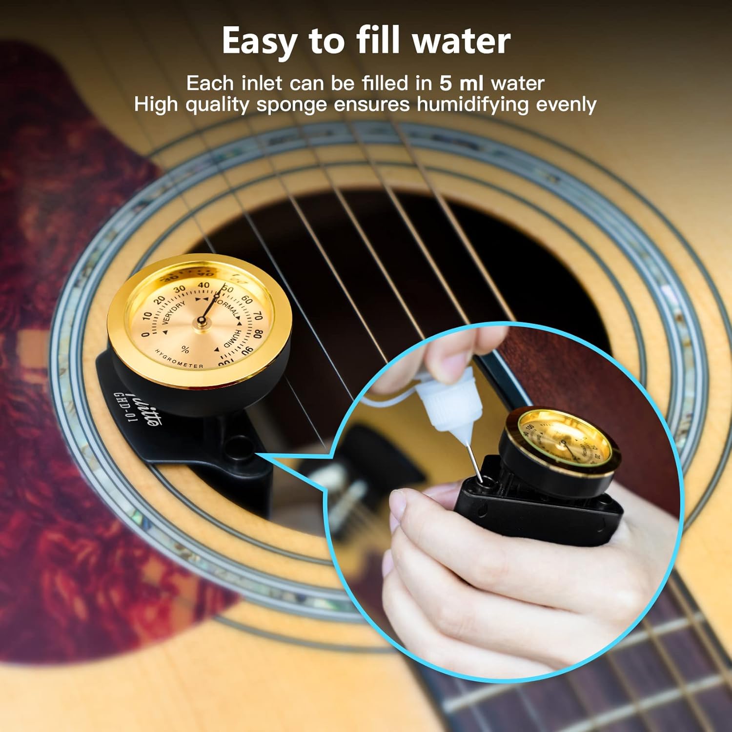 GUITTO – Humidificador de guitarra – Sistema de cuidado de la humedad 2 en 1 para guitarra acústica humidificador higrómetro GHD-01
