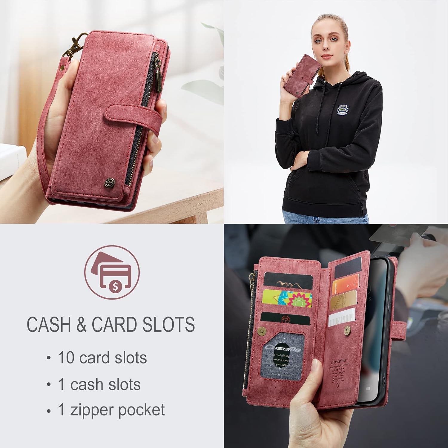 Funda tipo cartera para iPhone 13 Pro Max 5G con soporte para tarjetas, soporte magnético con cremallera, bolsillo y correa de muñeca, funda de