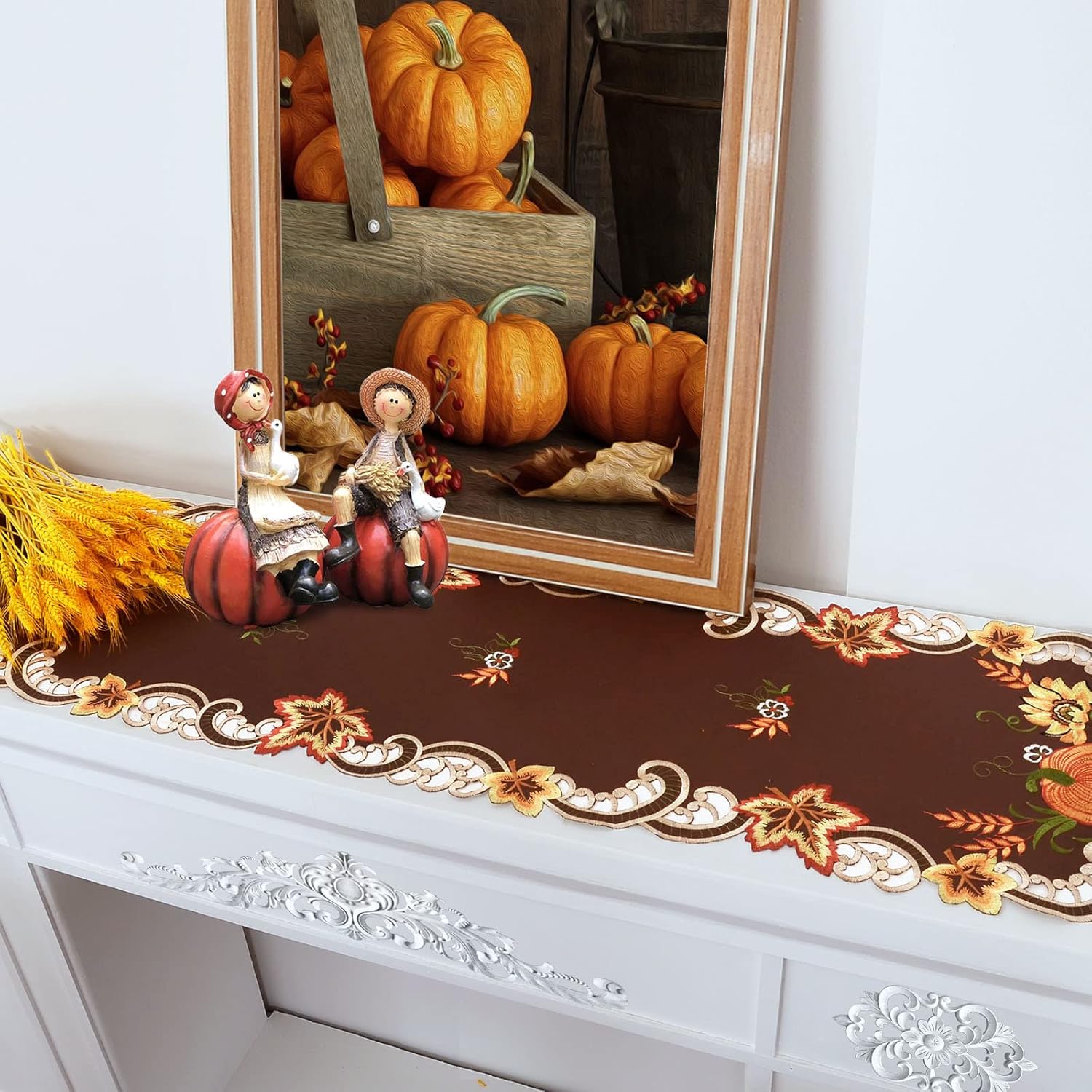 Simhomsen Caminos de mesa bordados marrones de cosecha de Acción de Gracias para decoraciones de otoño u otoño (14 x 69 pulgadas)