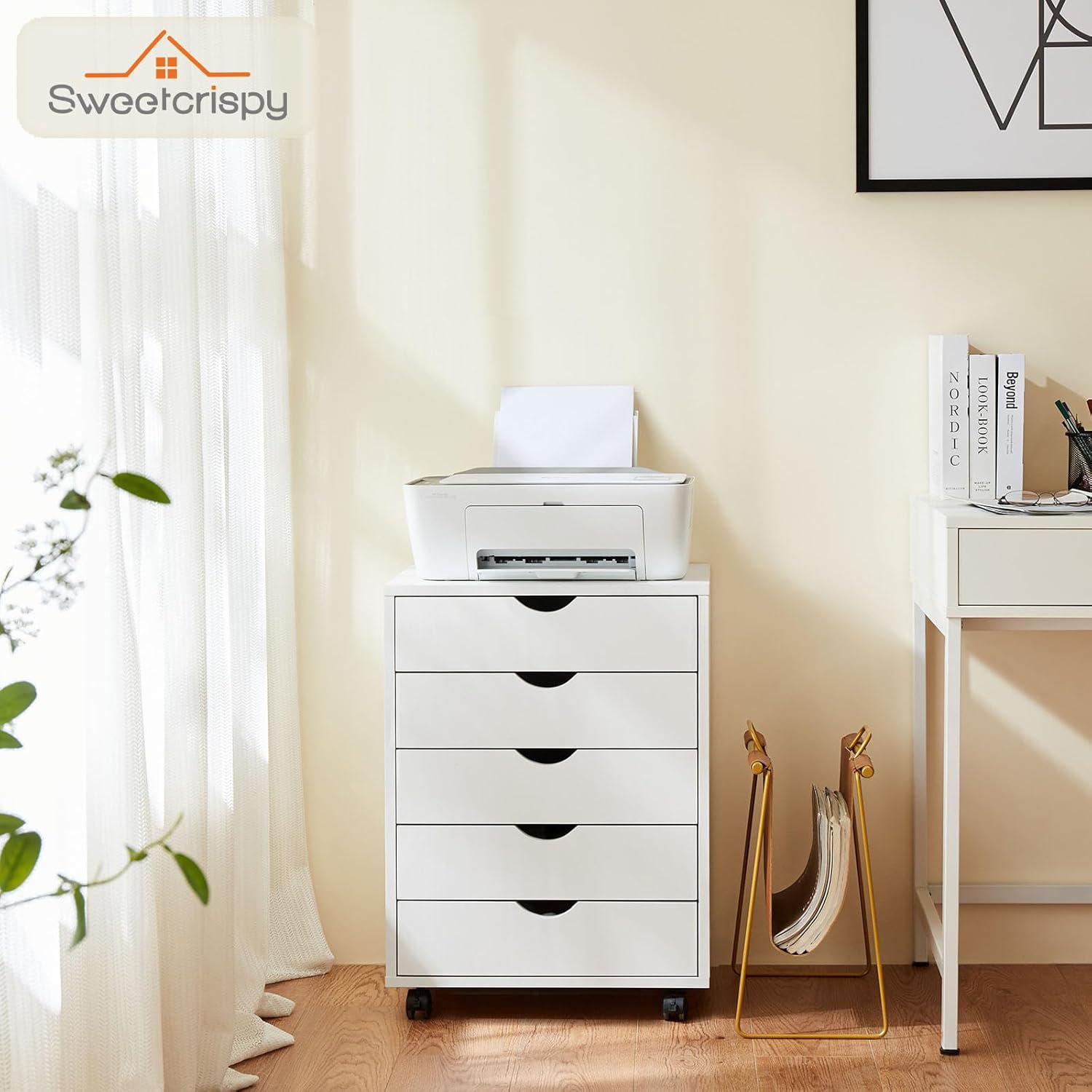 Sweetcrispy Cómoda de 5 cajones, armarios de almacenamiento de madera, armario móvil blanco con ruedas, organizador de habitación, cajones pequeños