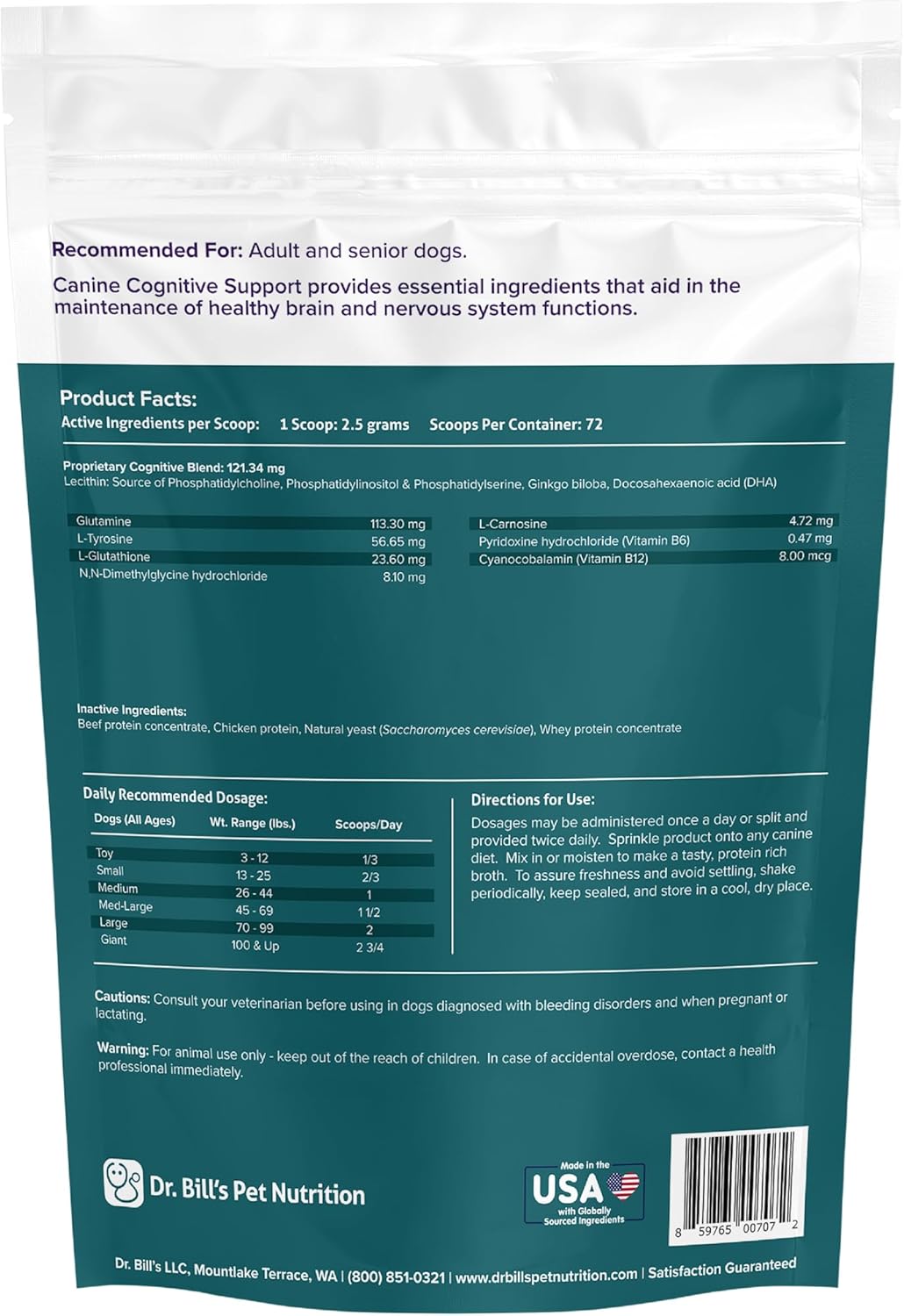 Dr. Bill’s Apoyo cognitivo canino  Suplemento de apoyo de memoria multivitamínico para perros  Contiene Gingko Biloba, L-Carnosina, Vitamina B-12,