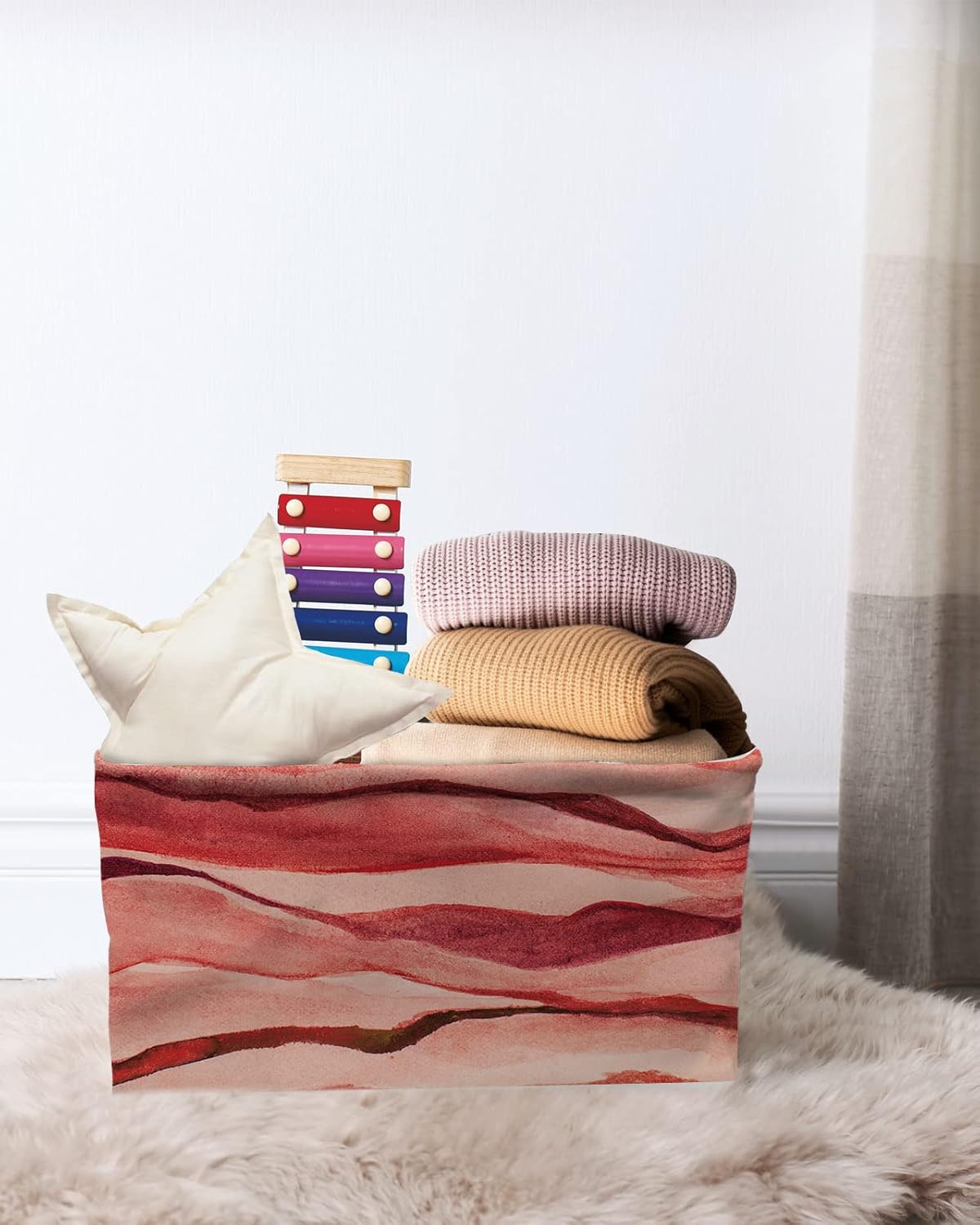 Red Ombre Storage Basket for Organizing Shelves, Collapsible Storage Bins Boxes with Handle, Watercolor Modern Abstract Art Aesthetics Canvas Hamper