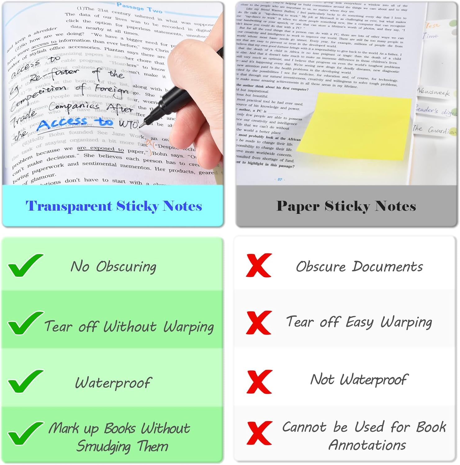 BAYTORY 1300 hojas de notas adhesivas transparentes pastel, transparente, impermeable, 3 x 3 pulgadas, bloc de notas transparente, pestañas de
