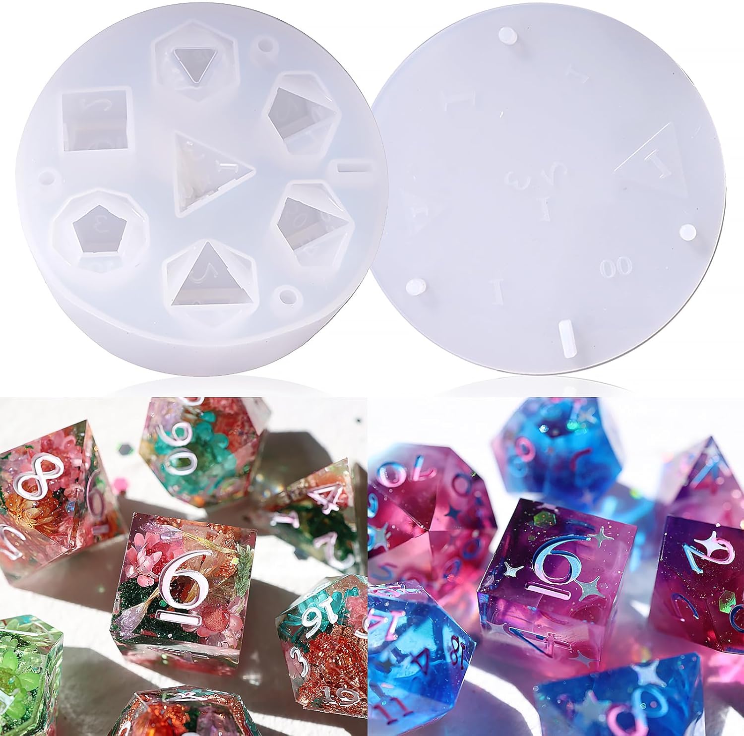 LET’S RESIN Moldes de resina para dados de silicona, moldes de resina epoxi para dados DND con 7 cavidades estereoscópicas poliédricas estándar,