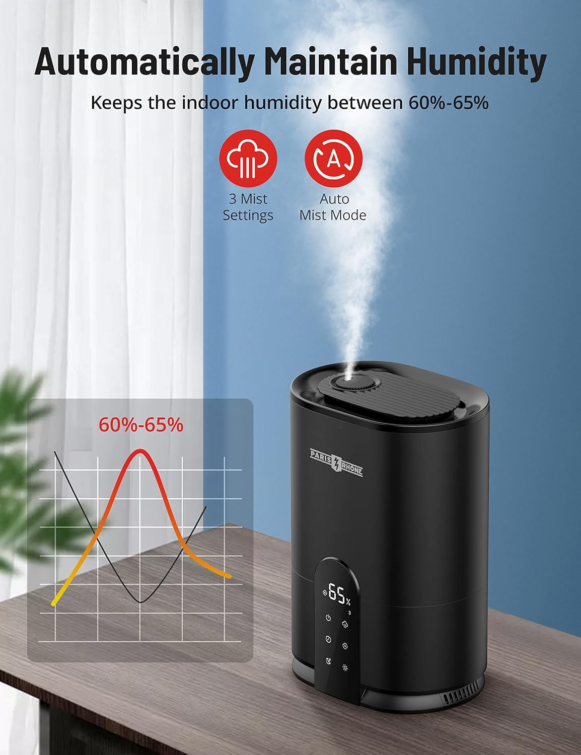 PARIS RHÔNE Humidificadores para dormitorio, humidificadores de niebla fría de 4L para el hogar y habitación grande, humidificador ultrasónico de