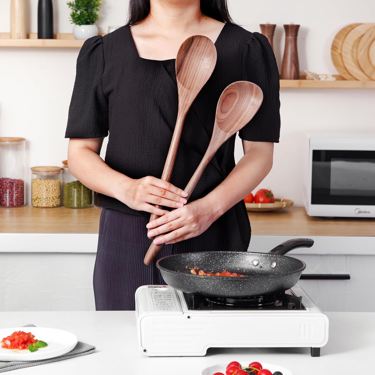 Cuchara de madera gigante de nogal para cocinar, utensilio de cocina grande, cuchara de esquina grande de 17 pulgadas, cuchara en ángulo recto,