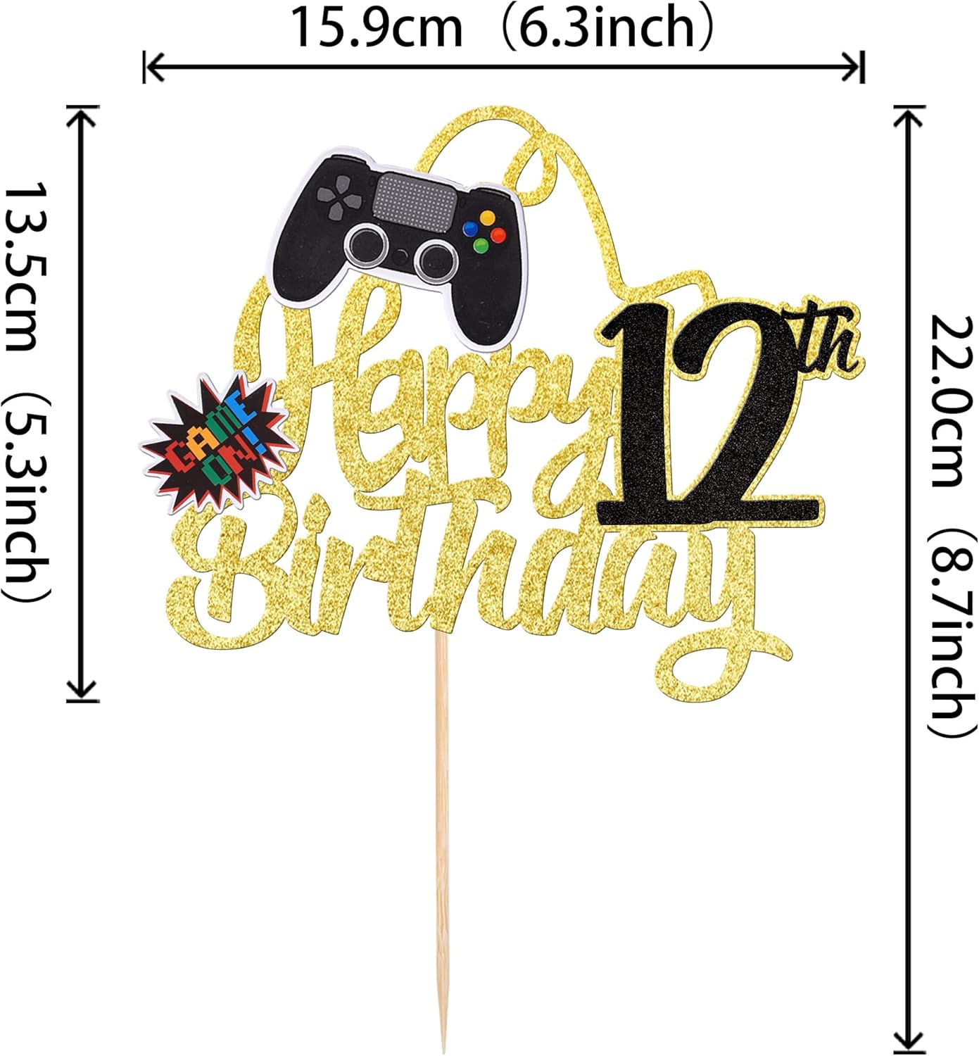 1 pieza de decoración de pastel de feliz cumpleaños 12 con purpurina para videojuego, juego de selección de pasteles en controladores, 12 saludos a