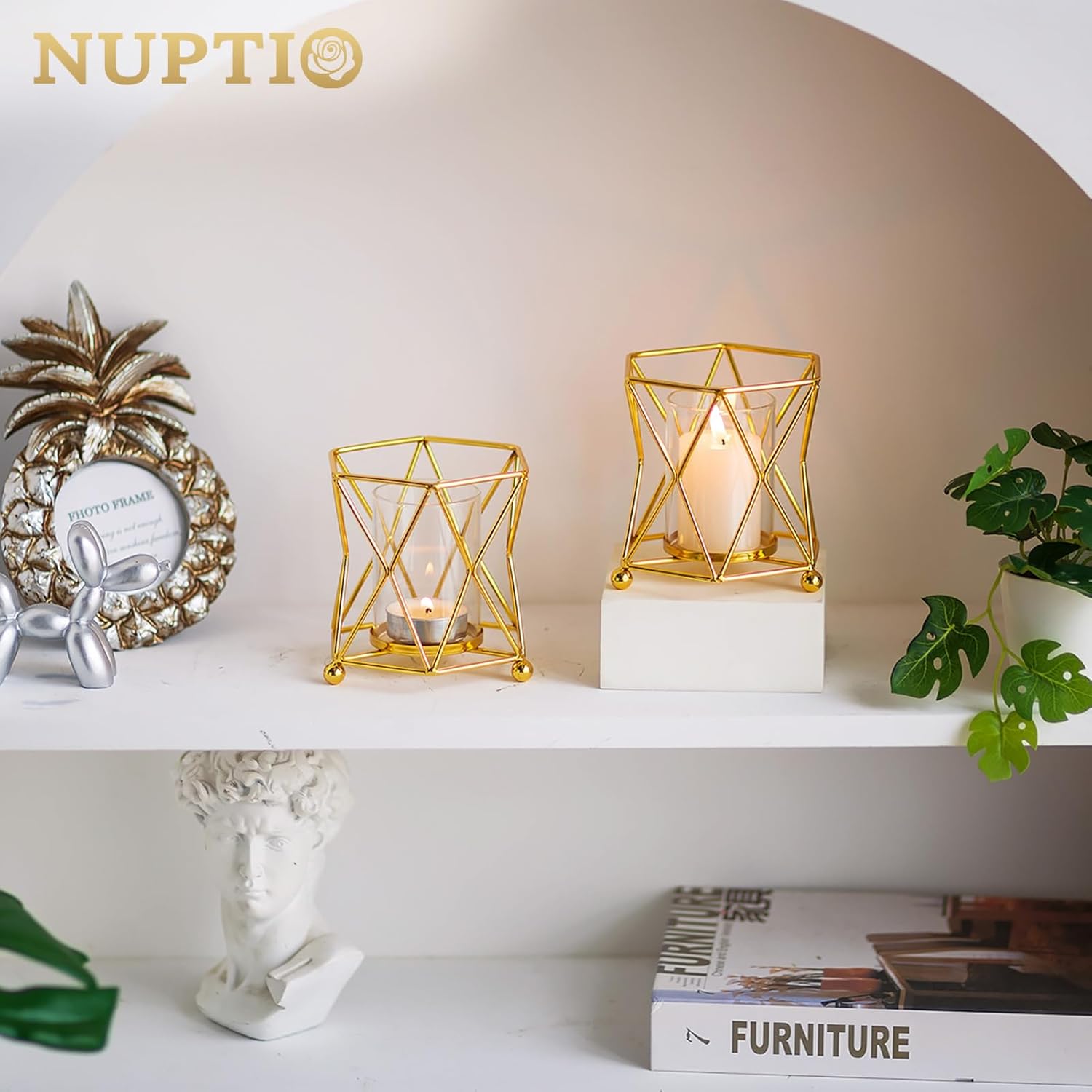 NUPTIO Portavelas geométricos dorados 6 piezas de mesa de té de boda con taza votiva de vidrio a granel moderno geométrico candelita portavelas para