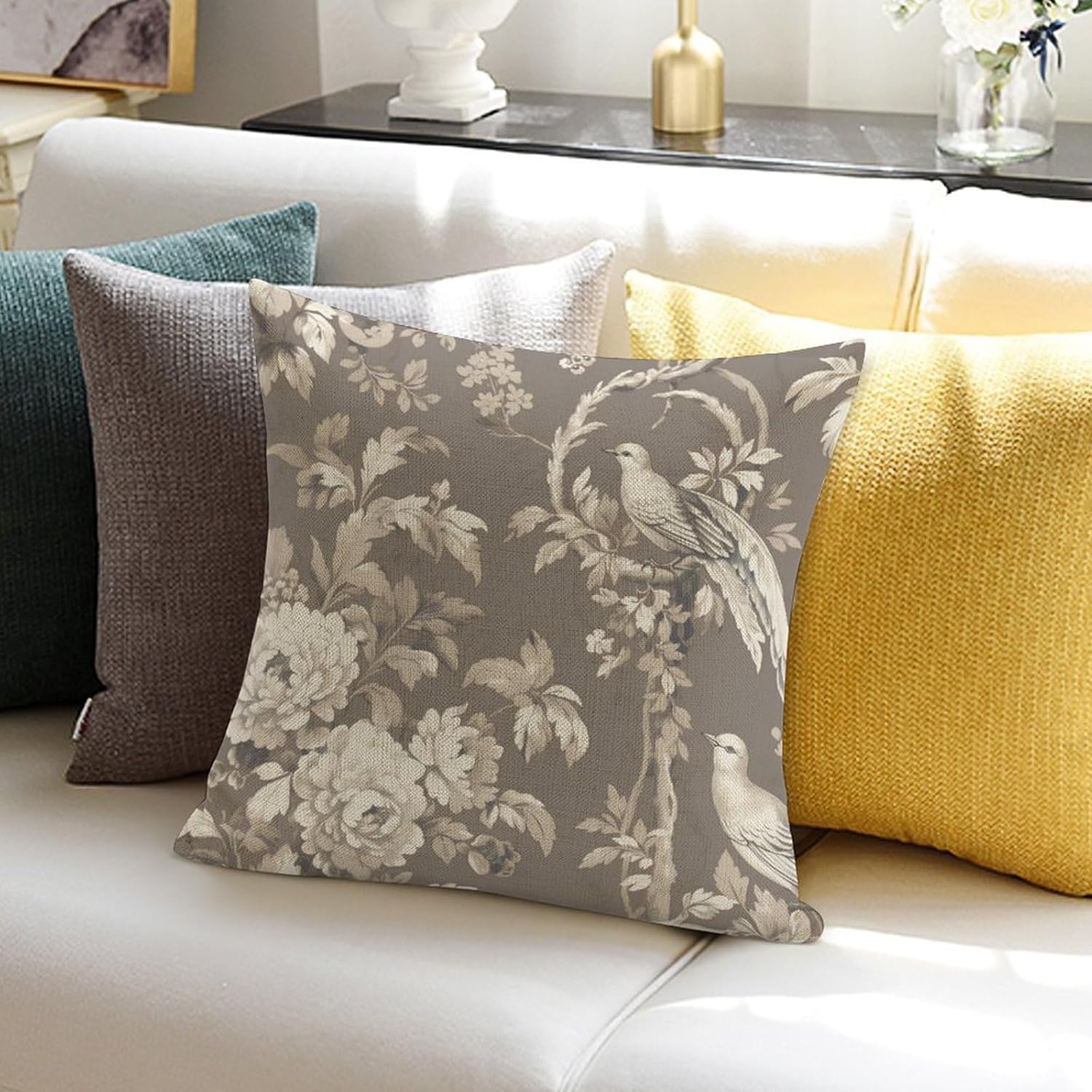 MangGou Fundas de almohada estilo chinoiserie de color tostado floral de 22 x 22 pulgadas, funda de almohada de inspiración asiática Eurosham Accent