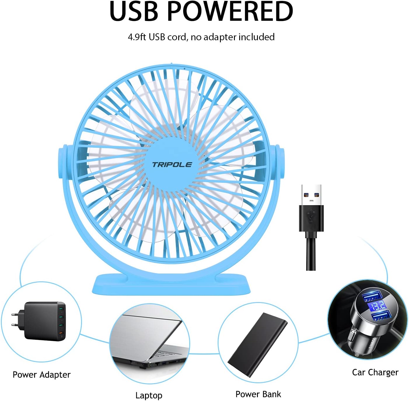 TriPole Ventilador de escritorio alimentado por USB, pequeño ventilador personal de 3 velocidades, mini ventilador de flujo de aire fuerte, rotación
