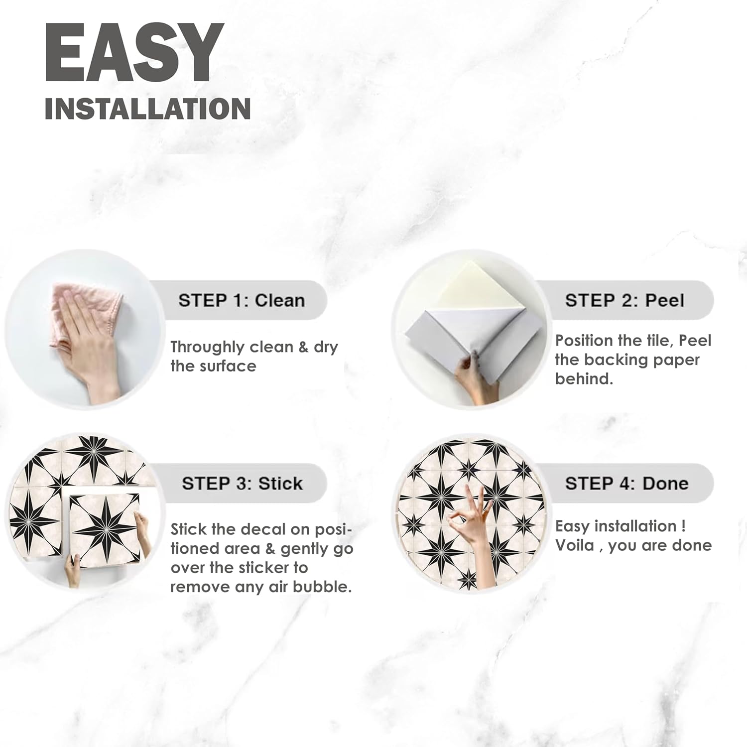 Bleucoin Adhesivos de azulejos de suelo de mármol blanco y negro sólido antideslizante para despegar y pegar para baño, cocina, suelo de lavandería,