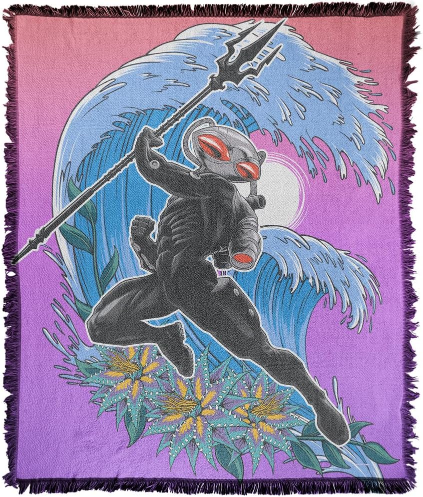 LOGOVISION Aquaman and The Lost Kingdom Blanket, 50″x60″ Black Manta Waves Woven Tapestry Cotton Blend Fringed Throw Blanket