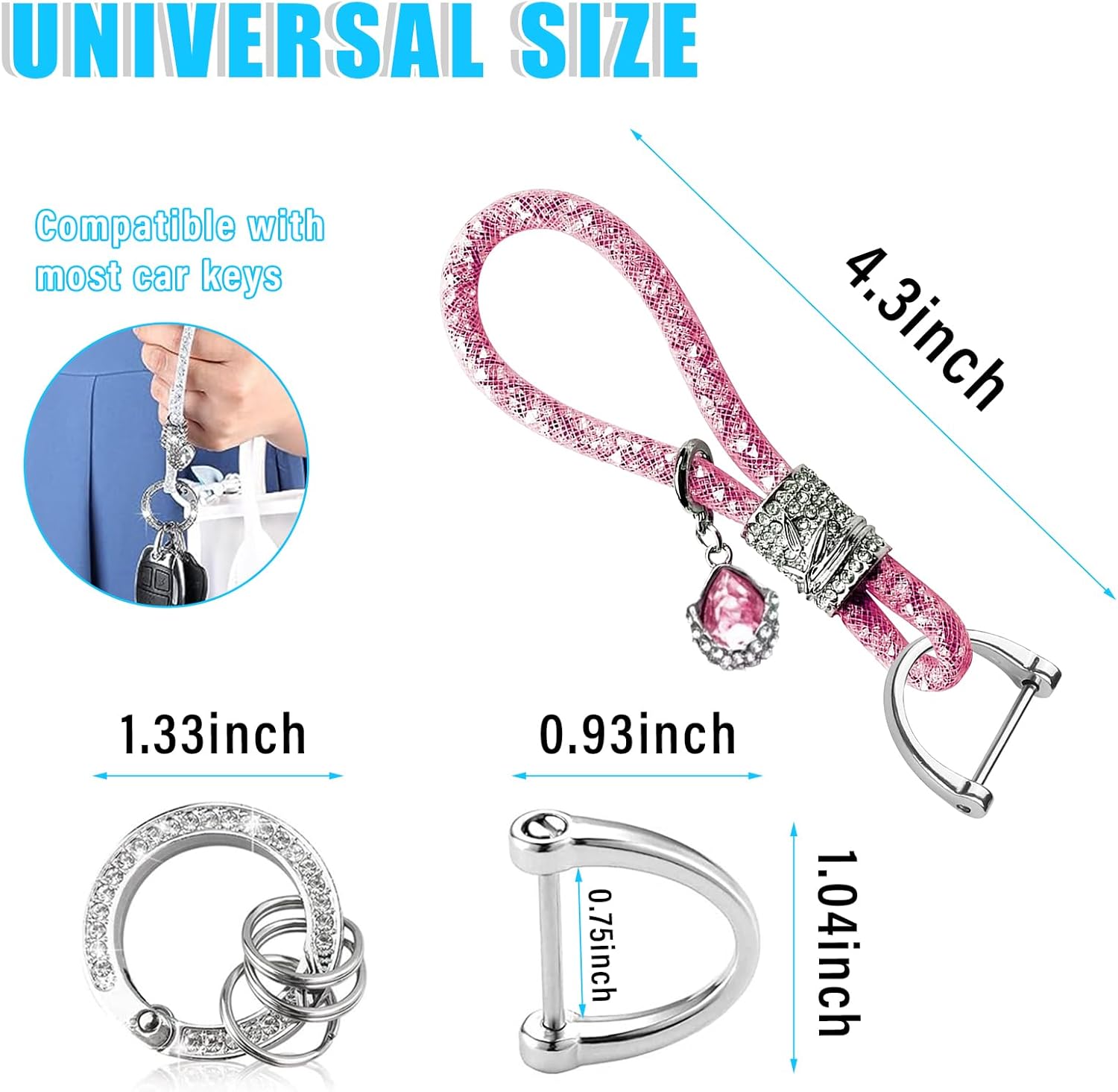 Llavero de cristal brillante para mujeres y niñas, llavero de automóvil con purpurina, accesorios universales para llavero (rosa)