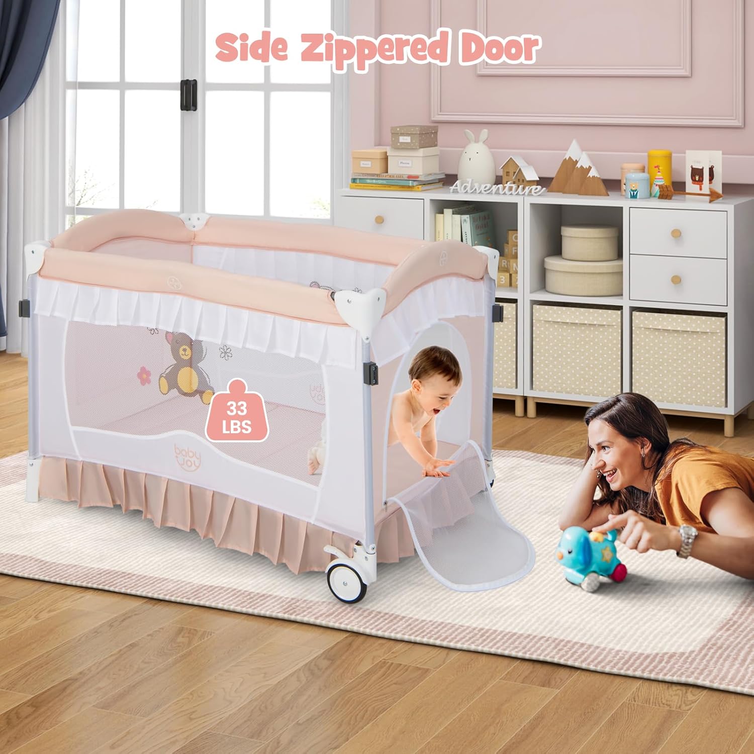 BABY JOY Paquete 4 en 1 con toldo, corralito portátil para bebé con moisés, diseño de entrada con cremallera lateral, ruedas y freno, moisés