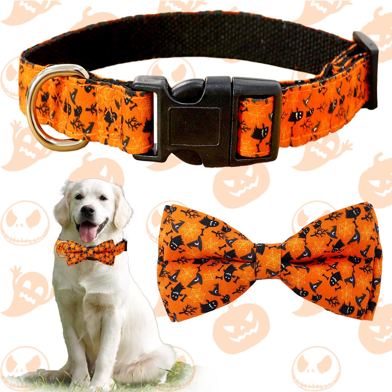 FOTSHARER Collar de perro naranja quemado grande con bonito corbatín de calabaza, fantasma, perros, corbatín, regalo para otoño, Halloween,
