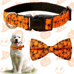 FOTSHARER Collar de perro naranja quemado grande con bonito corbatín de calabaza, fantasma, perros, corbatín, regalo para otoño, Halloween, FOTSHARER Collar de perro naranja quemado grande con bonito corbatín de calabaza, fantasma, perros, corbatín, regalo para otoño, Halloween,