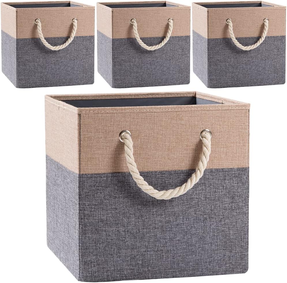PRANDOM Contenedores plegables grandes de almacenamiento de 13 x 13 pulgadas paquete de 4 cestas de almacenamiento de tela de lino, cubos con asas