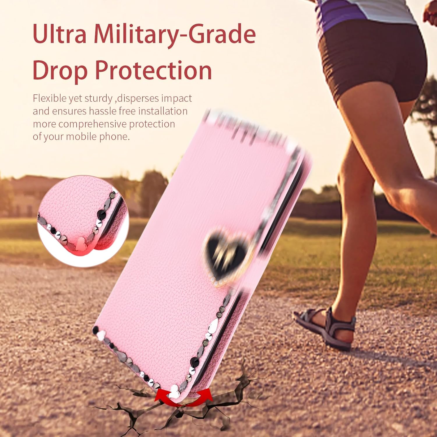 FLYEE Funda tipo cartera de cristal hecha a mano compatible con iPhone 15 (6.1 pulgadas, 2023), bonita funda versátil y brillante para mujer con