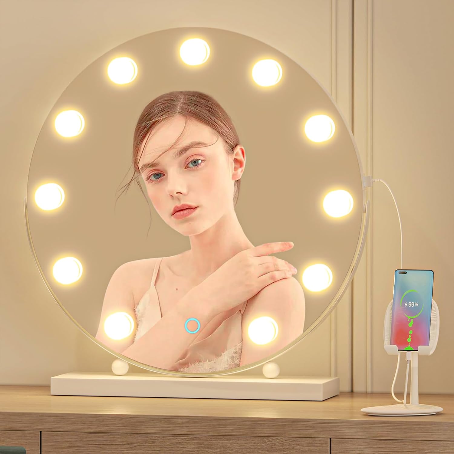 LVSOMT Hollywood Espejo de tocador de maquillaje con luces, espejo LED de 20 pulgadas con aumento de 10X, espejo de escritorio iluminado con 3 modos