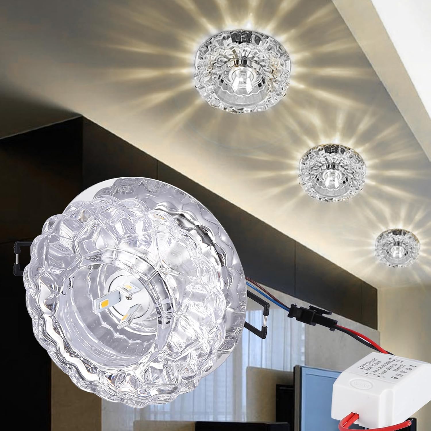 Fafeicy Lámpara empotrable de techo LED de 3 W, lámpara de cristal de cristal, ahorro de energía, luz cálida, para decoración del hogar (luz blanca