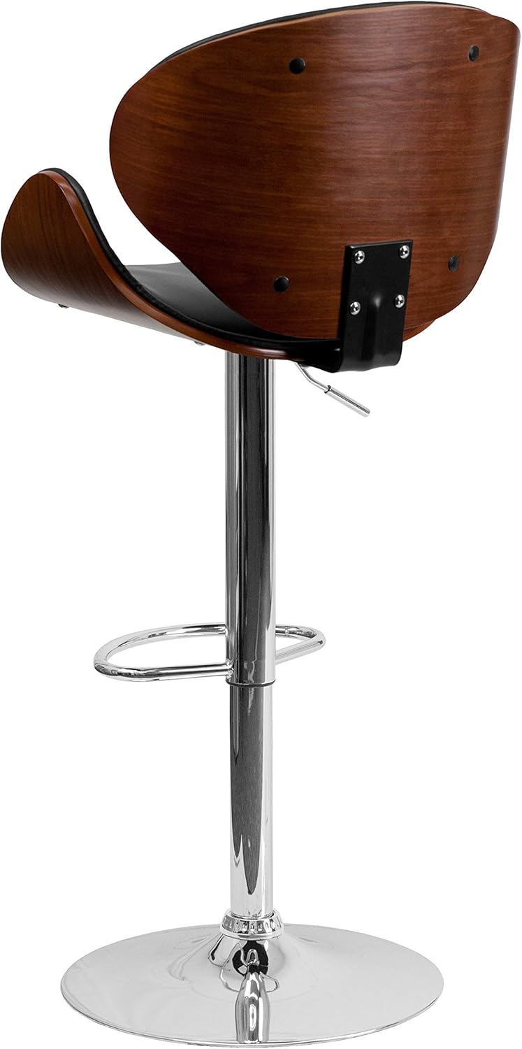 Taburete de bar Flash Furniture de madera de haya con altura ajustable y asiento y respaldo de vinilo negro curvado, Metal Espuma Tela, Walnut