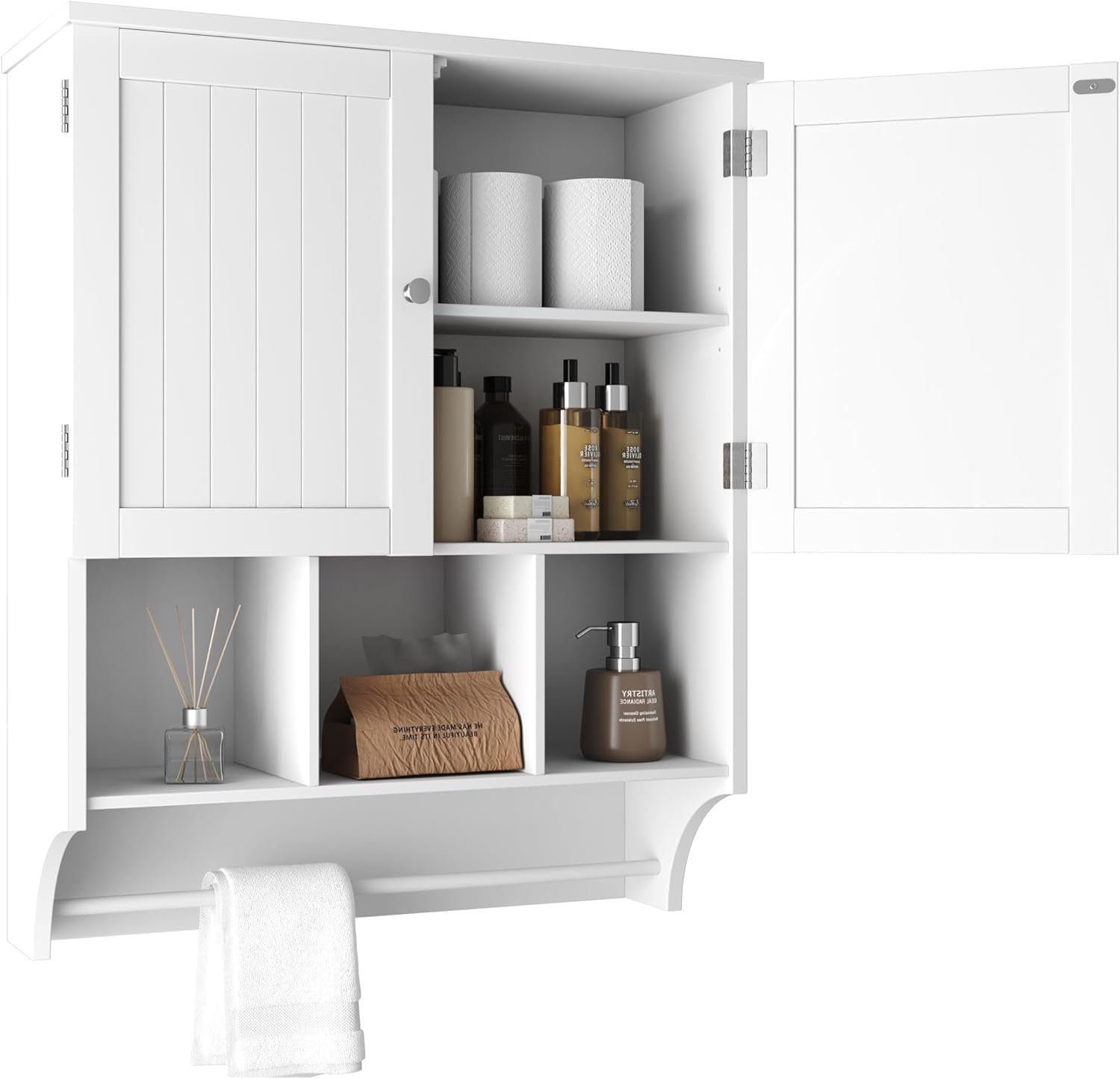 HOMEFORT Armario de pared de baño, botiquines sobre el inodoro con barra de toallas, estantes ajustables de 2 puertas, gran espacio para baño,