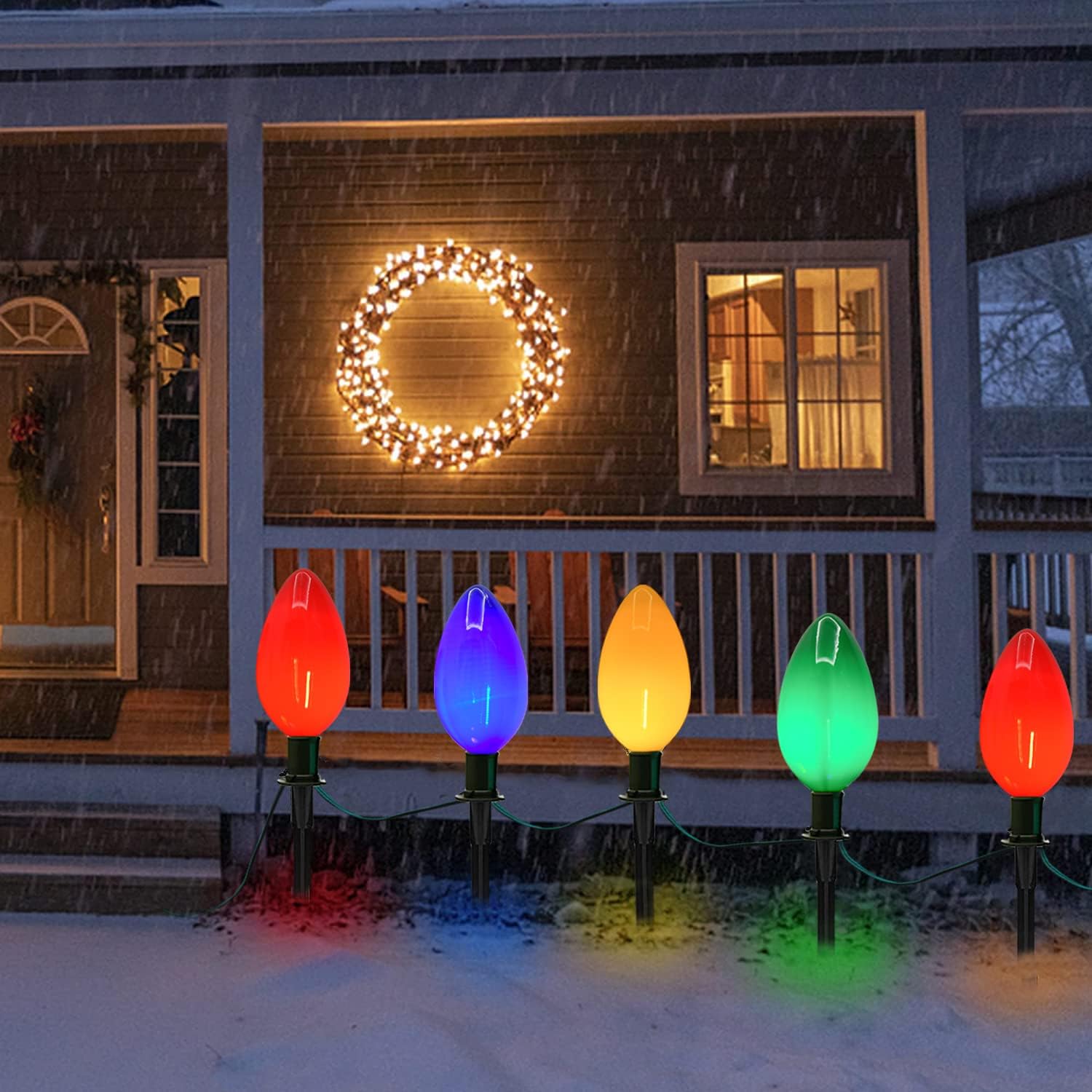 C9 – Luces LED multicolor para Navidad, 1 paquete de 7 pies con 4 luces LED multicolor con 4 estacas, impermeable, para Navidad, césped, pasarela,