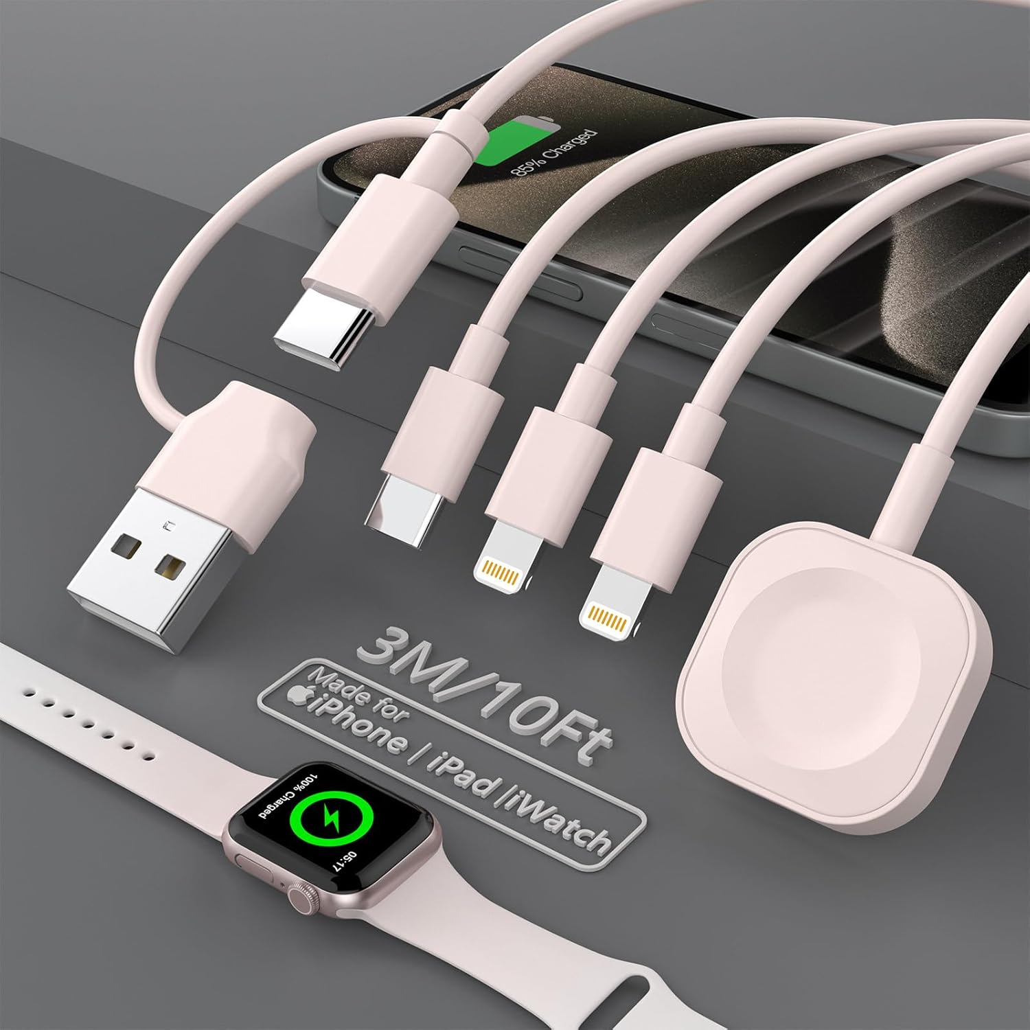 Certificado MFi Cable de carga 4 en 2 para iWatch y teléfono, cargador 3 de 10 pies3M para iPhone Watch, cable de carga rápida, cargador de viaje