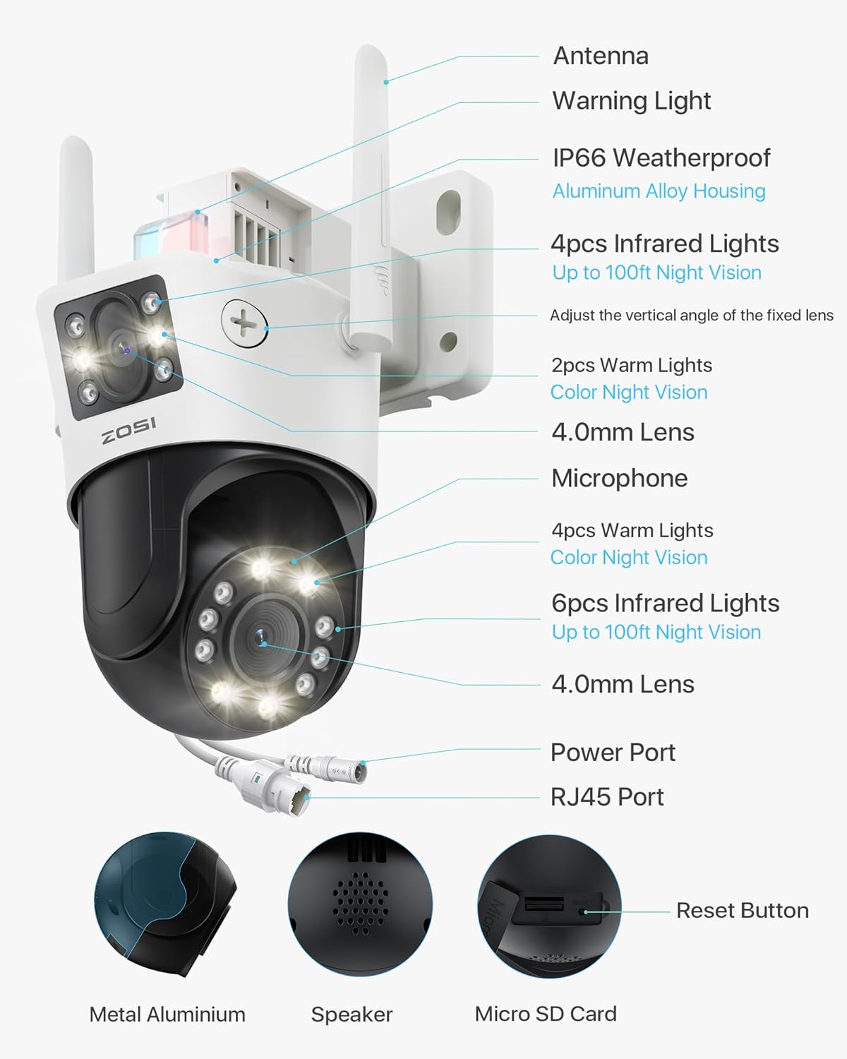 ZOSI C298 Pro 4K 8MP Dual-Lens (2x4MP) Cámara de seguridad WiFi PT con cable al aire libre, cámara enchufable panorámica de visión 360inclinación,