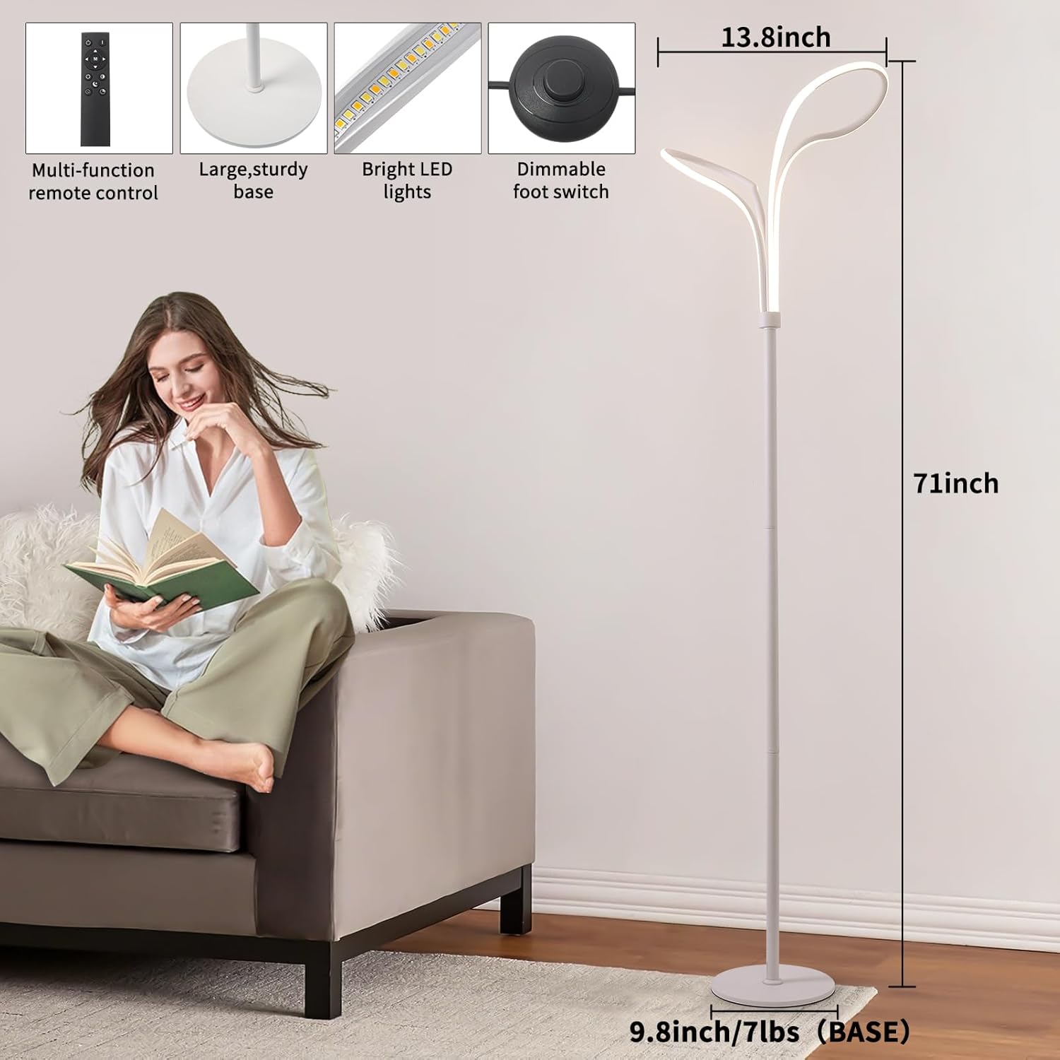 Lámpara de pie, lámparas de pie LED modernas para sala de estar, 40W-2500LM-3Color Lámpara de pie regulable remota, lámpara de pie blanca grande de