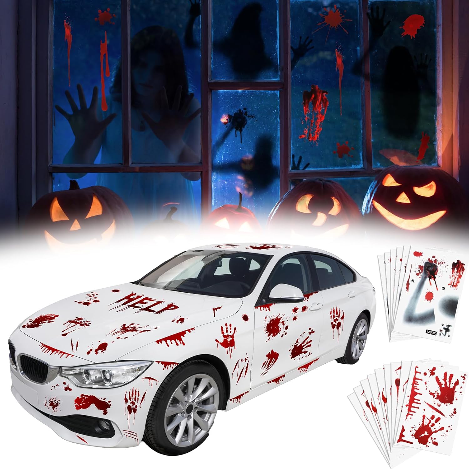 19 hojas de calcomanías de Halloween para ventana de automóvil, calcomanías rojas aterradoras y sangrientas, huellas de manos, huellas de terror,