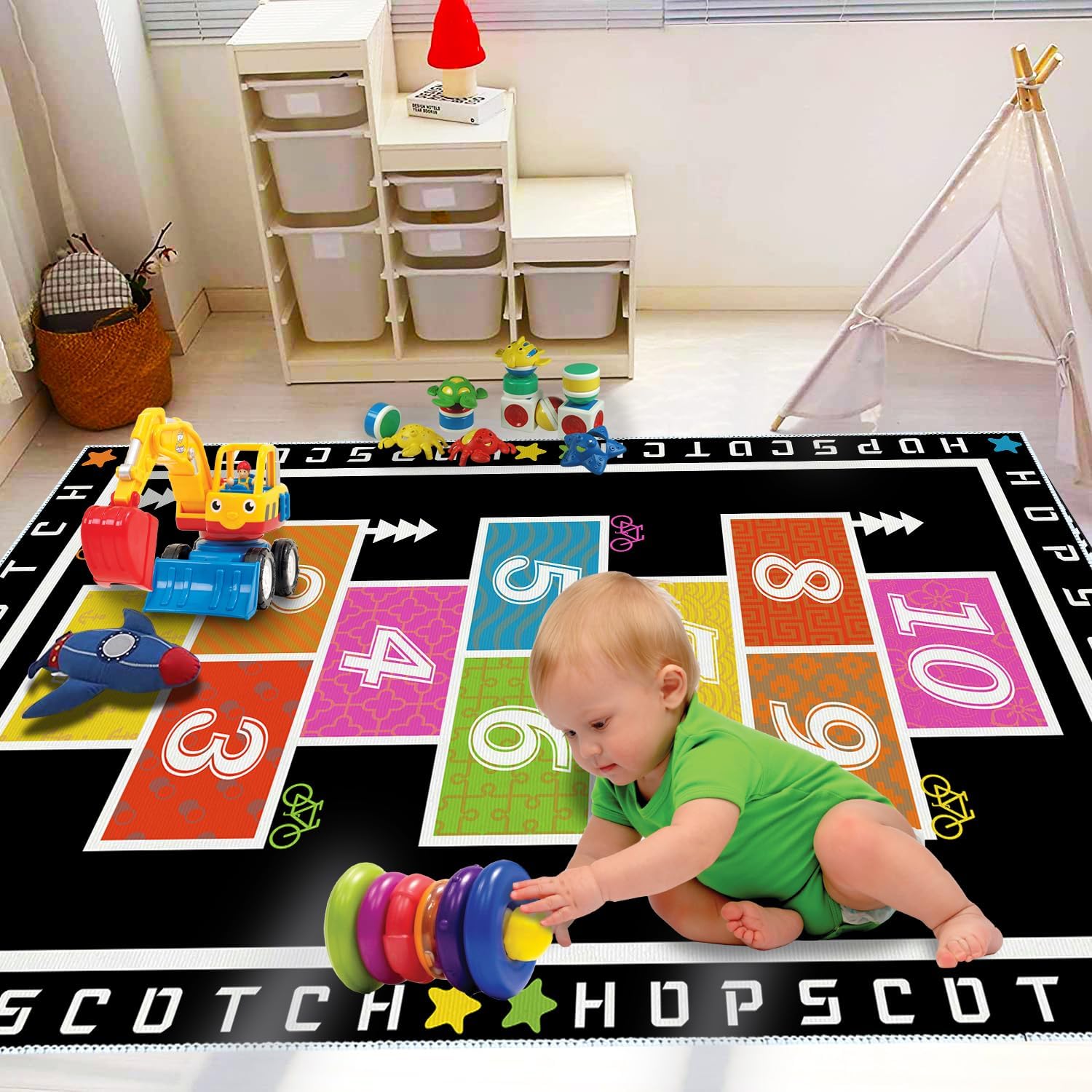 Sejiarep Alfombra decorativa colorida de 4 x 6 pies para habitación de niños, alfombra decorativa negra para sala de juegos, jardín de infantes,