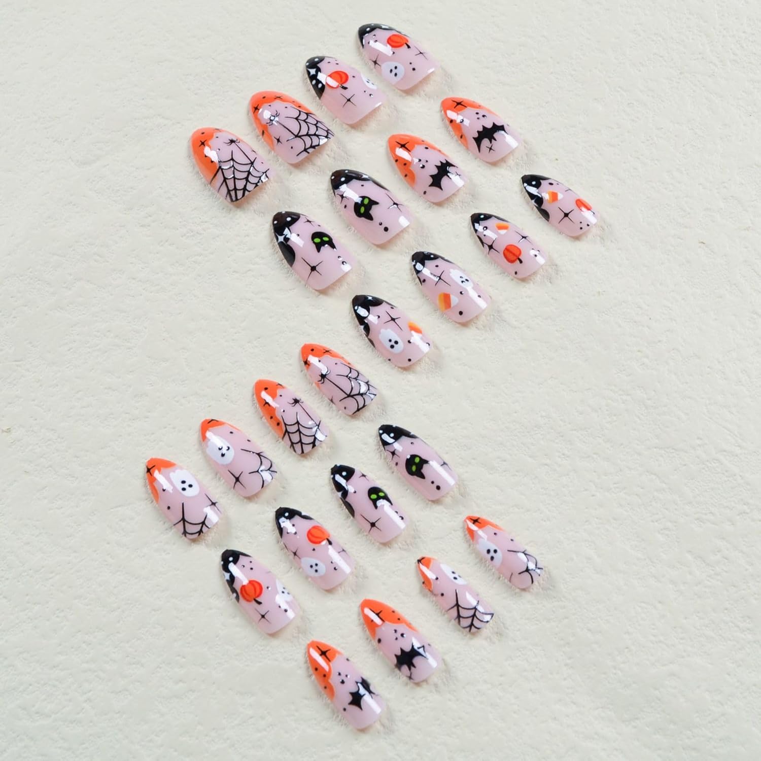 24 uñas de Halloween, puntas francesas, uñas acrílicas a presión, uñas postizas cortas en forma de almendra, lindas calabazas, murciélagos,