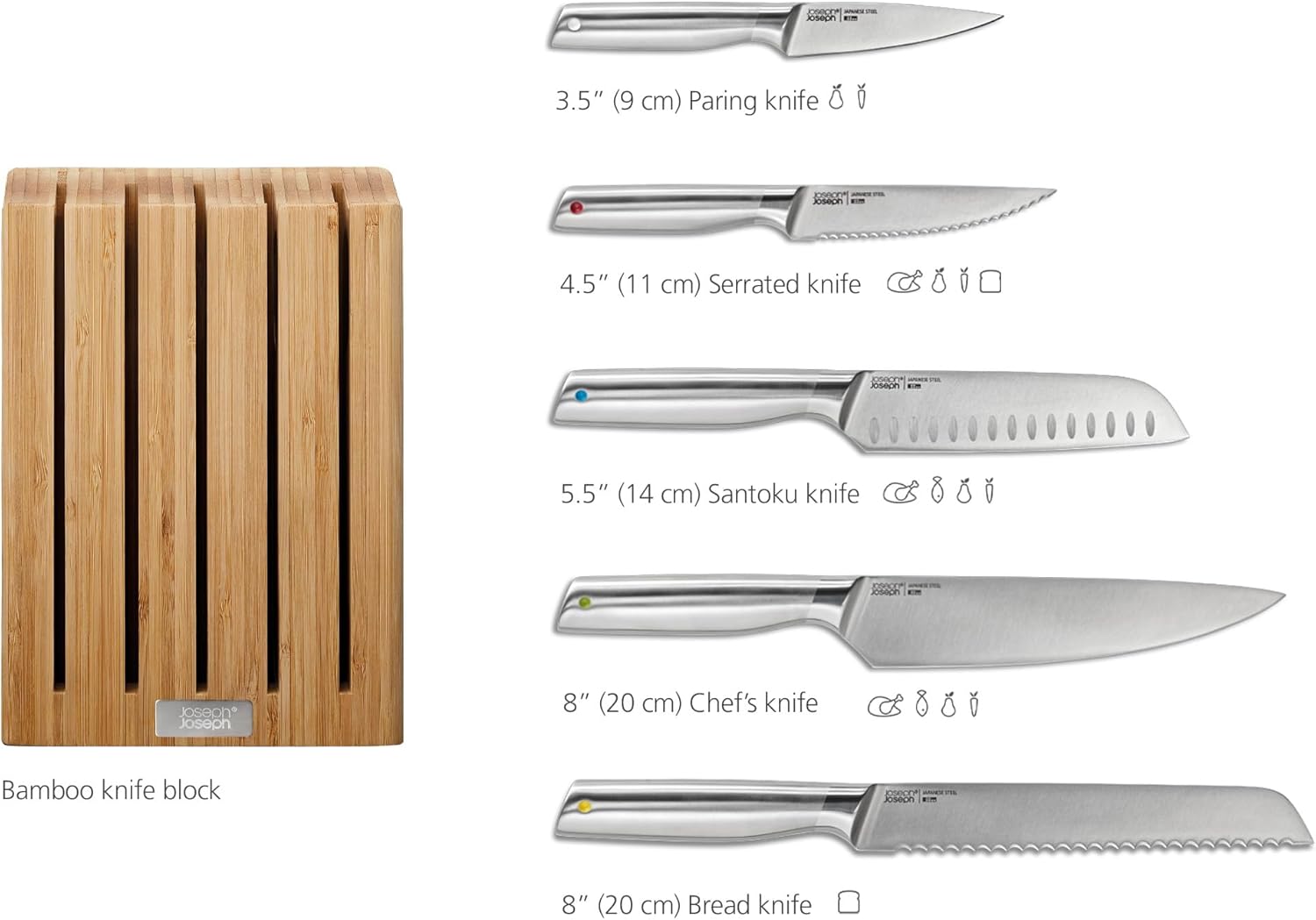 Joseph Joseph Elevate – Juego de cuchillos de cocina de 5 piezas, acero inoxidable japonés, bloque de cuchillos de bambú delgado