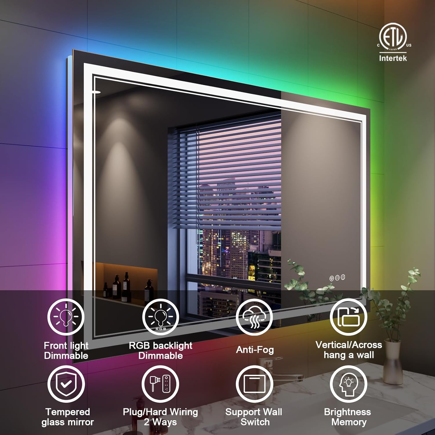 ISTRIPMF Espejo de baño LED RGB de 48 x 40 pulgadas con luces, espejo LED RGB retroiluminado que cambia de color para baño, espejos de tocador