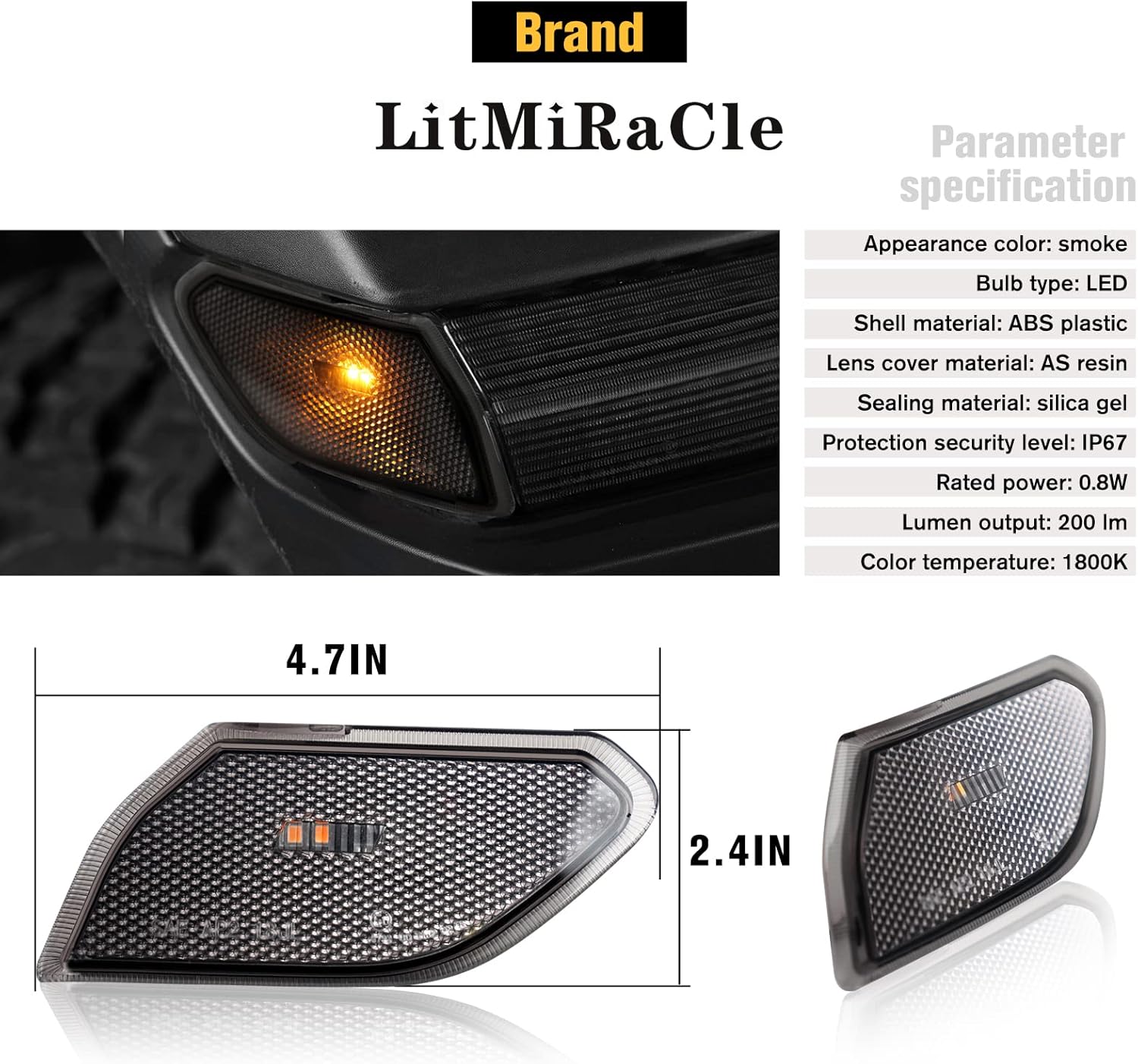 LitMiRaCle LED Side Marker Light for Jeep Wrangler JL & Gladiator JT 2018 2019 2020 2021 2022 2023, Smoke Lens Amber Fender Flares Light Accessories