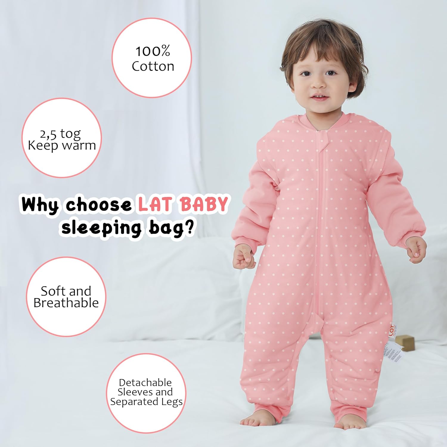 LAT Baby Sleep Bag with Feet Winter, Wearable Blanket, Warm Sack for Toddler Thicken 2.5 TOG-Removable Sleeves