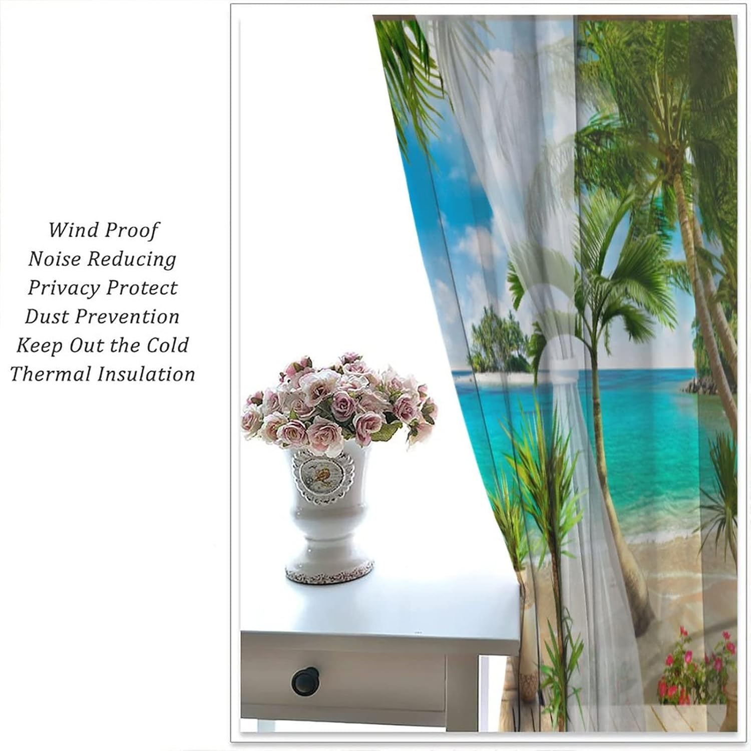 Cortinas de paisaje, ventana tropical con vista al mar, océano, playa, barco, cortinas con estampado de palmeras para dormitorio, sala de estar,