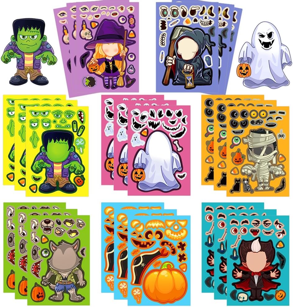 24 calcomanías de Halloween Make A Face para niños, fiesta de Halloween, juego de bricolaje, calcomanías para hacer tu propia calabaza, bruja,
