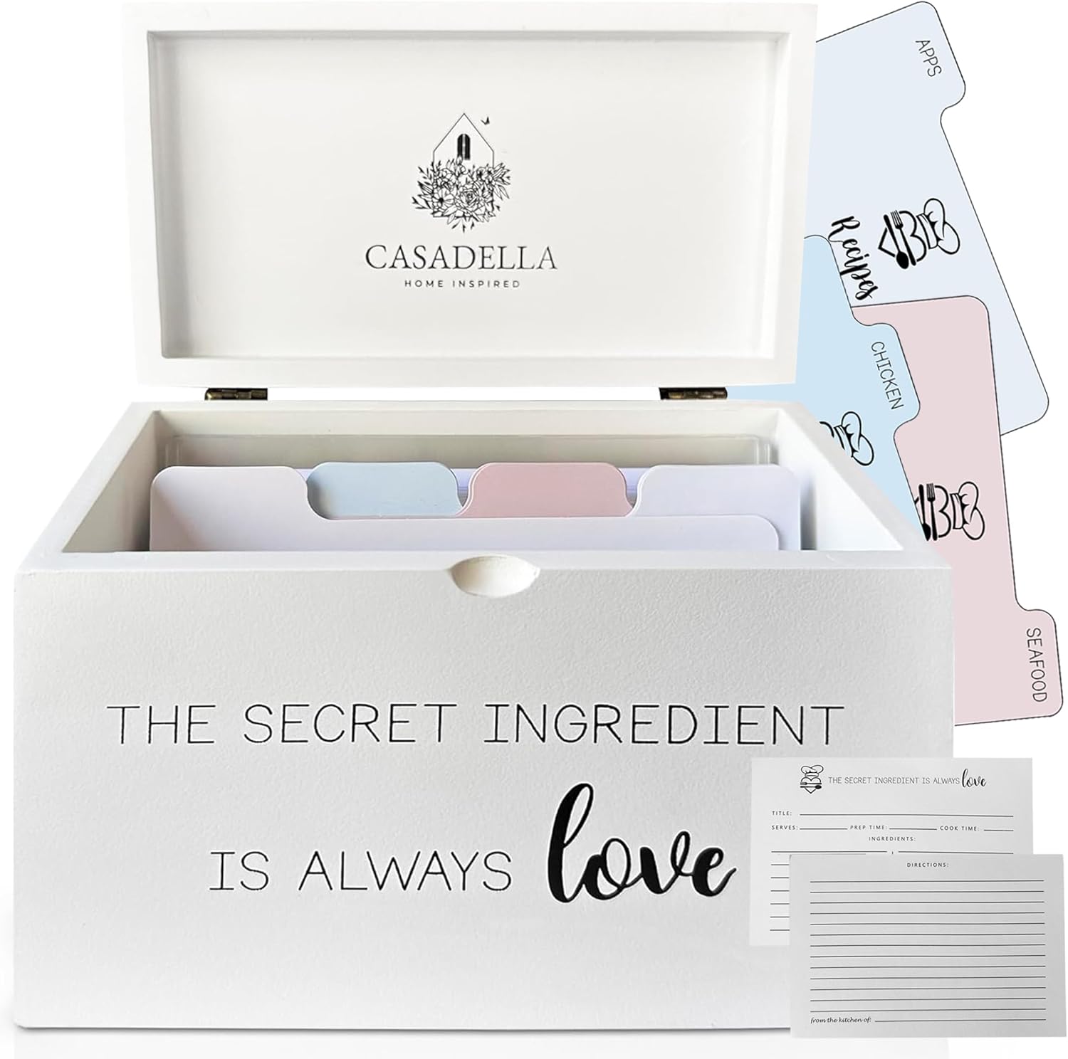 CASADELLA – Caja de recetas de madera, caja con 70 tarjetas de recetas de 4 x 6 pulgadas y 16 divisores, caja de tarjetas minimalista blanca, caja