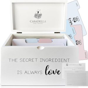 CASADELLA – Caja de recetas de madera, caja con 70 tarjetas de recetas de 4 x 6 pulgadas y 16 divisores, caja de tarjetas minimalista blanca, caja CASADELLA – Caja de recetas de madera, caja con 70 tarjetas de recetas de 4 x 6 pulgadas y 16 divisores, caja de tarjetas minimalista blanca, caja