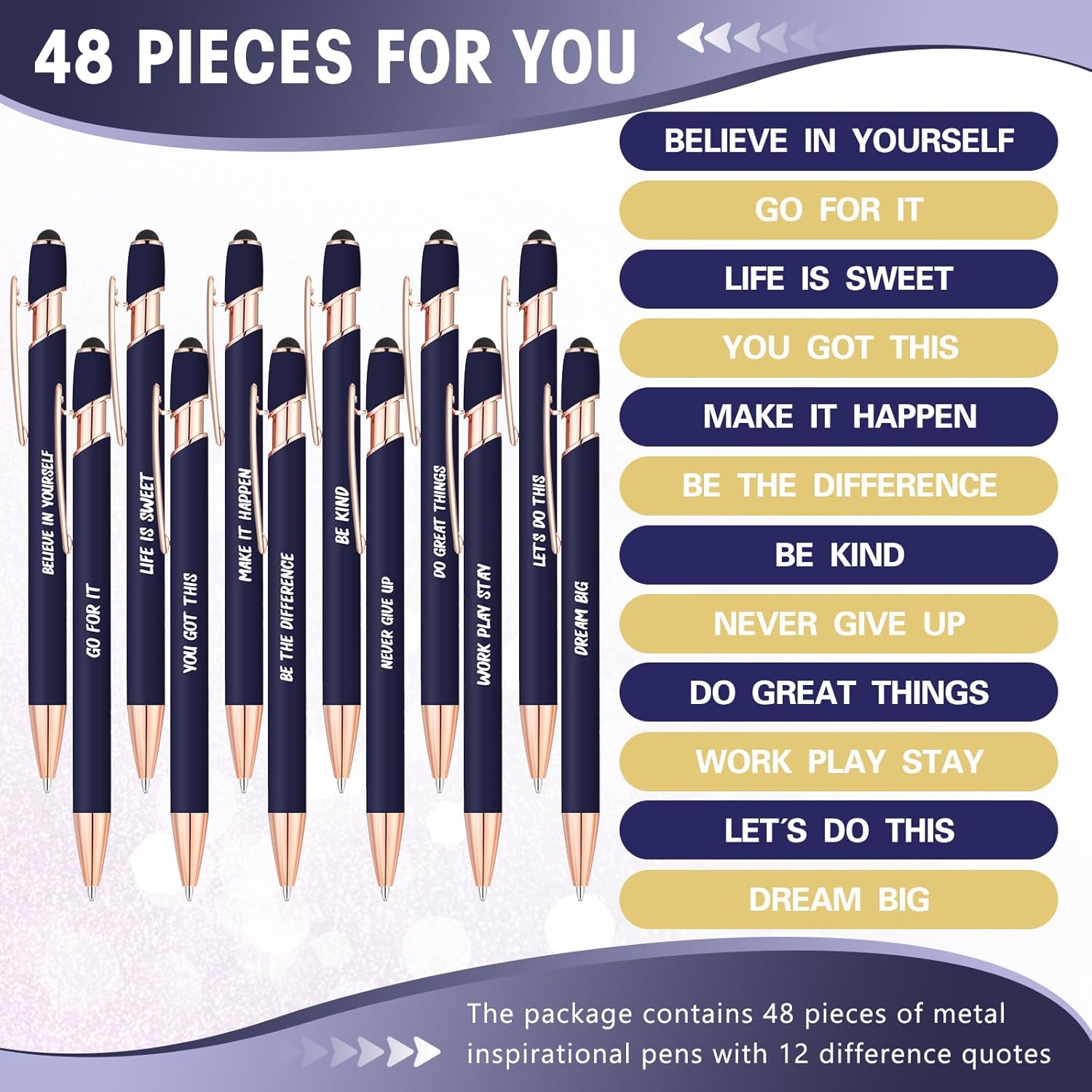 Yeaqee 48 bolígrafos inspiradores, bolígrafos motivacionales, tinta negra, con citas retráctiles, con punta de lápiz capacitivo, bolígrafos con