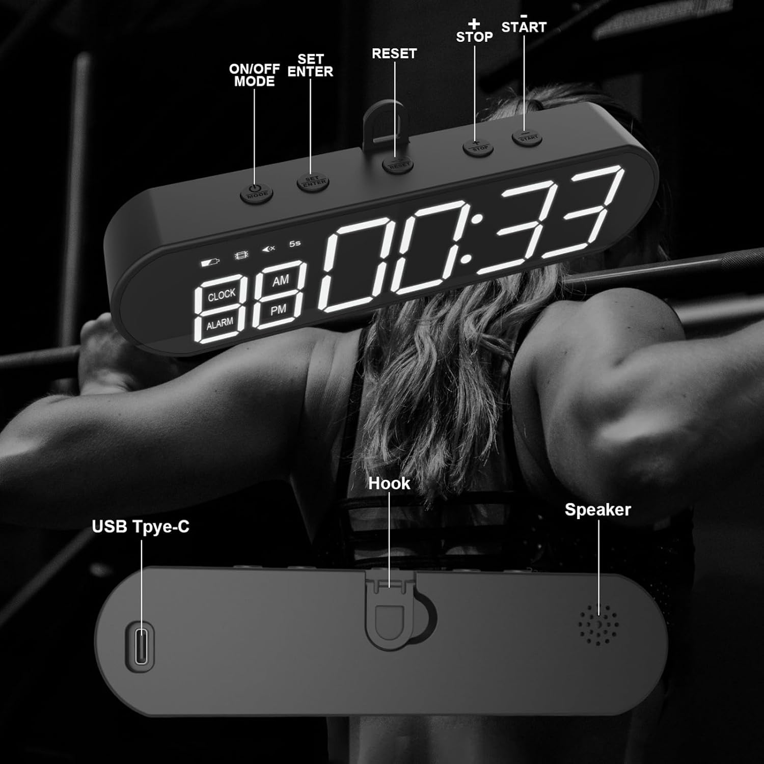 Temporizador de gimnasio portátil, temporizador de intervalo de pantalla LED con barra de progreso de tiemporondas, cronómetro de cuenta