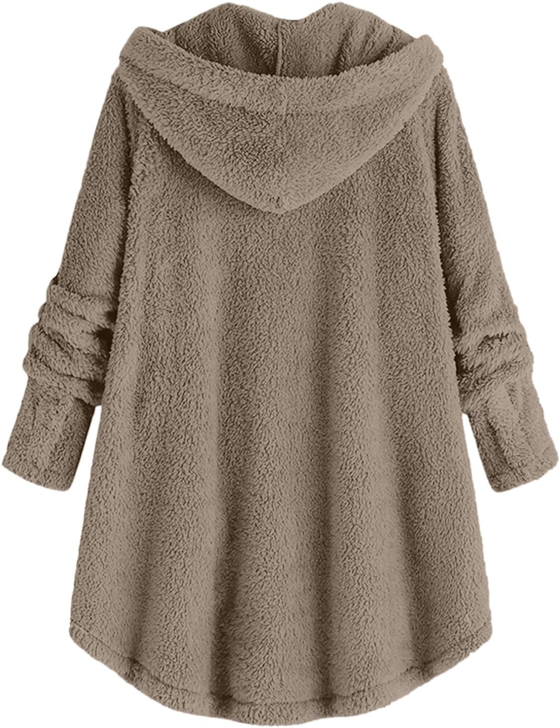 SNKSDGM Women’s Fashion Fuzzy Fleece Jacket Fluffy Hooded Baggy Faux Sherpa Open Front Teddy Coat Outerwear with Pocket